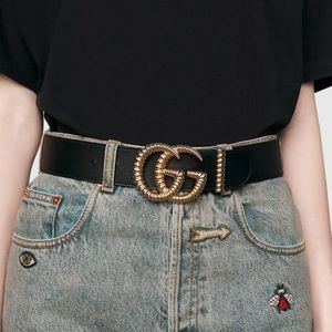 Gucci Black and Gold Leather Torchon Double G Belt